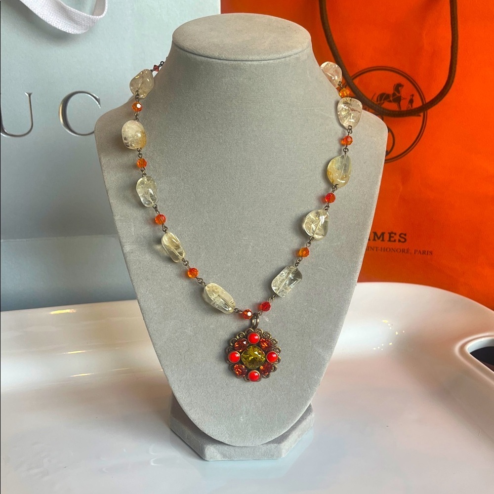 Liz Palacios Vintage 2000 Orange and Crystal Stone Beaded Necklace